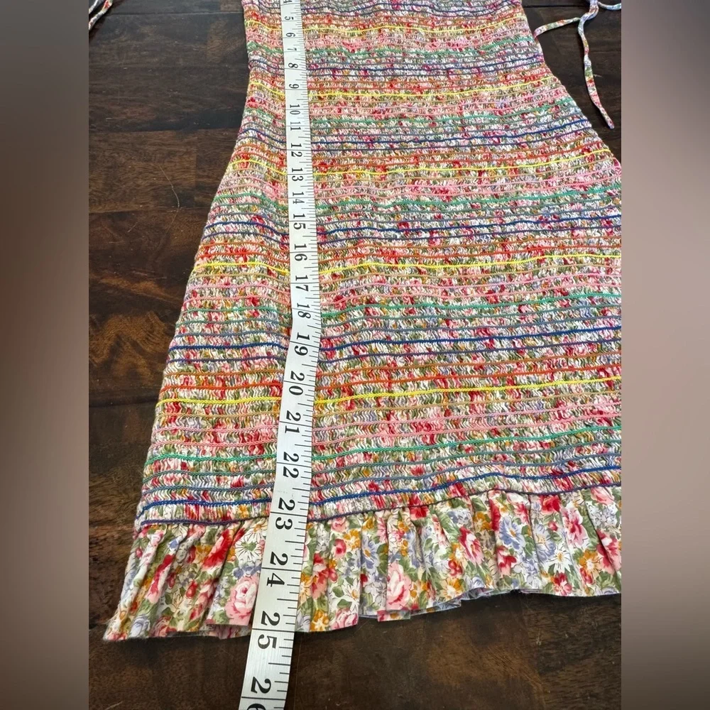 Storia Rainbow Floral Smocked Ruffle Bodycon Spaghetti Tie Strap Mini Dress Sz S